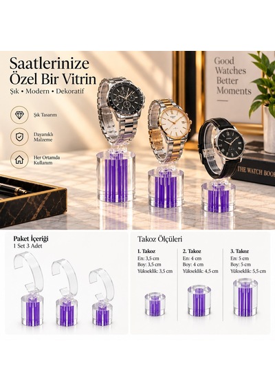 Saat Standı 3'lü Set Lazer Model Oval Lila Pleksi Saat Standı