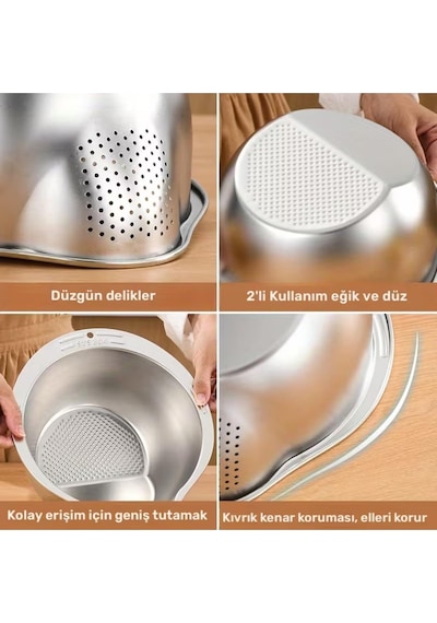 Paslanmaz Çelik Makarna Pirinç Sebze Meyve Yıkama Süzgeci 25x27x11 Cm Karışık