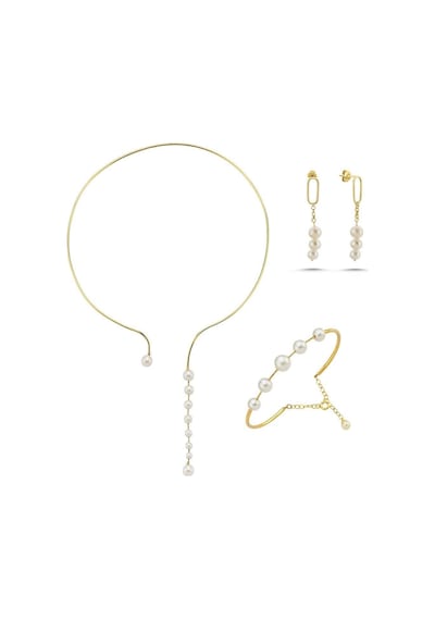 8,5 Mm Sallantılı Doğal İnci Küpe Kolye Bileklik Üçlü Set
