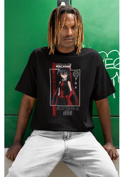 Sevbano Tasarım Akame Ga Kill Baskılı Unisex Oversize Anime Dizi Karakter Siyah