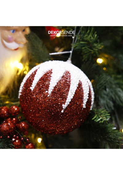 Yılbaşı Süsü Beyaz Zikzak Desenli Top Kırmızı 15 Cm