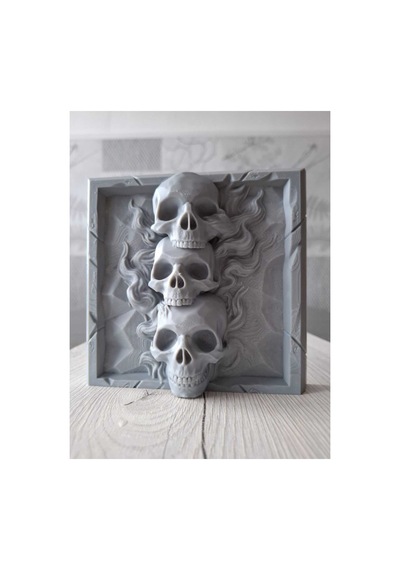 14x14 Cm Üçlü Kuru Kafa Dekoratif Duvar Paneli Alev Desenli 3d Baskı Tablo
