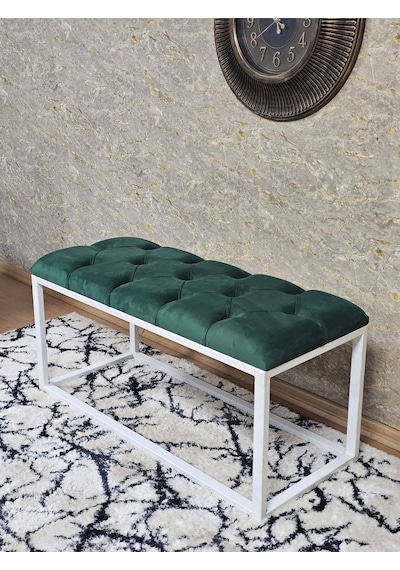 Zafir Beyaz Boyalı Diktörtgen 100 Cm X 40 Cm Oturak Puf - Bench - Makyaj Oturağı - Oturak Yeşil