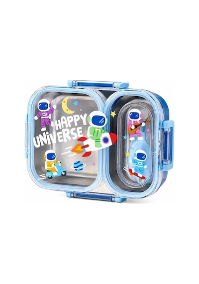 Bento 600ml Lunchbox Sevimli Desenli Tek Katlı 2 Bölmeli Sızdırmaz Paslanmaz Çelik Sefer Tası Çocuk Okul Yemek Kutusu Plastik Kaşık Hediyeli Bpa Yok Özel Kutulu - Mavi Cok Renkli