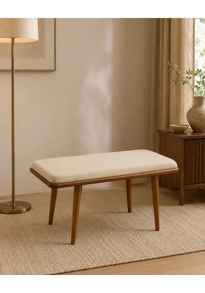 Ganni Home Oslo Bench Krem Ceviz Gürgen İskeletli, Döşemeli Modern Yemek Odası Bench Krem - Ceviz