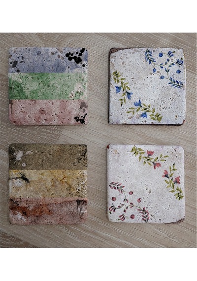 Çiçekli Desenler Doğal Taş Bardak Altlığı 4'lü Set - Natural Stone Coasters-174252 Çok Renkli