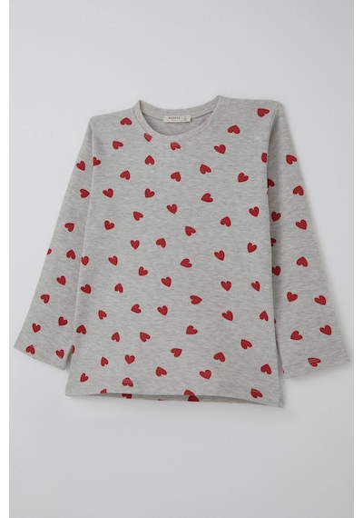 Breeze Kız Çocuk Pijama Takımı Kalp Desenli 4-8 Yaş, Açık Gri Melanj Açık Gri Melanj