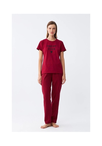 İkikareshop Kadın Bordo Kalp Desenli Kısa Kollu Penye Pijama Takımı Çok Renkli