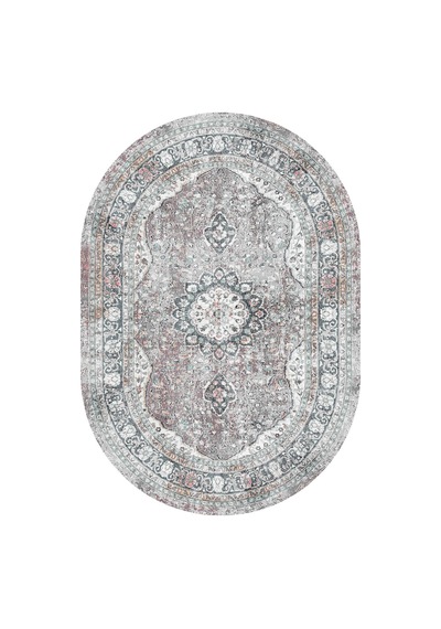 Vintage Desenli Pamuk Taban Baskılı Oval Halı Gri