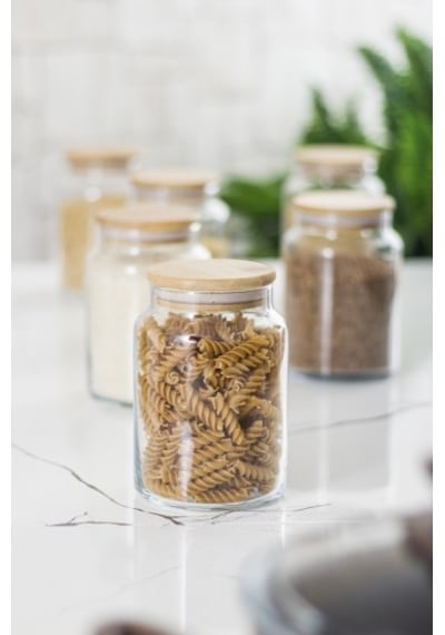 6 Lı Set Bambu Kapaklı Cam Kavanoz & Erzak Saklama Kabı 800 Ml Orta Boy Vakum Kapak Diğer
