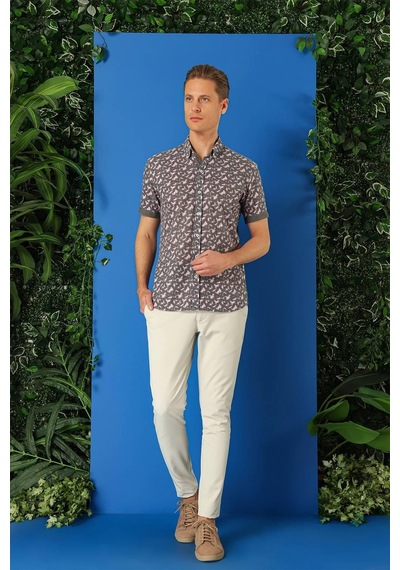 Efor Slim Fit Düğmeli Yaka Desenli Kısa Kol Pamuk Füme Gömlek G 1504 Füme