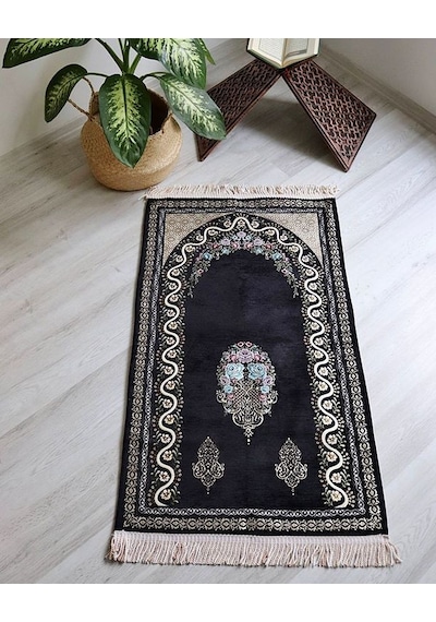 Kadife Astarlı Seccade Ve Kristal Tesbih Özel Kutulu Lüks Hediyelik Çeyizlik Set Siyah