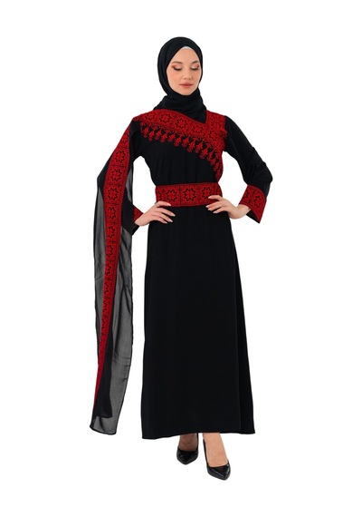 Zaytoon Eğimli Omuz Uzun Ve Açık Kollu Filistin Nakışlı Elbise M-3xl C100050 Siyah