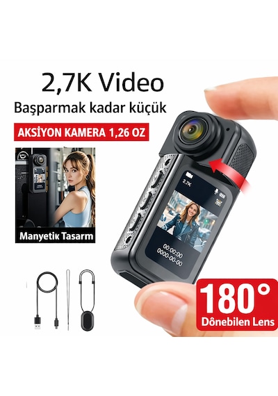 2.7k Ultra Hd Mini Aksiyon Kamera Manyetik Tasarım Döner Lens Wi-fi Uygulama Destekli