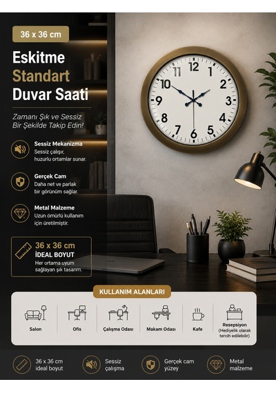 Almira Duvar Saati 36 Cm Eskitme Metal Standart Duvar Saati