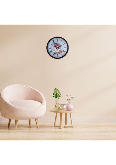 Siyah Floral Tea Cup Duvar Saati Çok Renkli