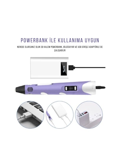 Mor 3D Kalem 3D Pen Yazıcı Kalem – 3 Adet 3 Metrelik PLA Filament (Toplam 9M) + USB Kablo Mor 3D Kalem 3D Pen Yazıcı Kalem – 3 Adet 3 Metrelik PLA Filament (Toplam 9M) + USB Kablo