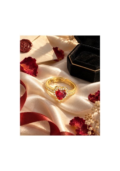 Esoo Jewelry Zirkon Taşlı Ayarlanabilir Kadın Yüzük Altın Renk Pirinç - Kırmızı Zirkon