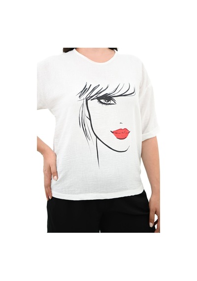 Kadın Büyük Beden Yüz Baskılı T-shirt 1788-25 001