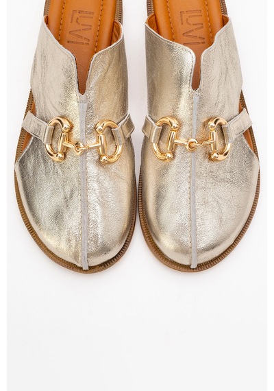 Luvishoes Favor Altın Metalik Hakiki Deri Tokalı Önü Kapalı Kadın Terlik Altın