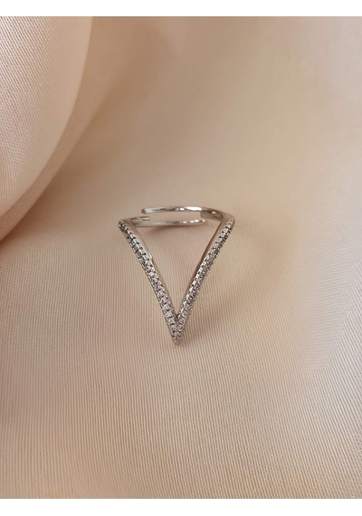 V Model Zirkon Taşlı Ayarlanabilir Silver Gümüş Renkli Yüzük Silver