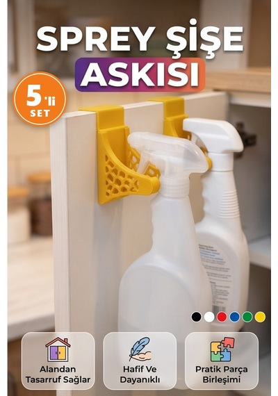 Sprey Şişe Askısı Duvar Tipi Temizlik Şişesi Tutucu Düzenleyici 5'li Set Sarı