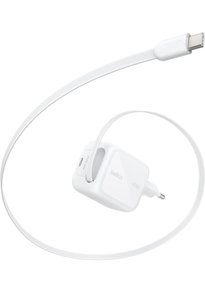 Belkin Ultracharge 45 W Gan Şarj Aleti, 0,8 M Geri Çekilebilir Usb-c Kablo İle, Beyaz