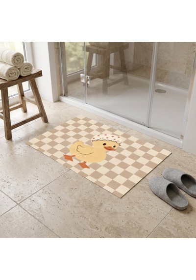 Kartela Halı Pastel Dama Ördekli Banyo Paspası Bej Kaymaz Taban Makinede Yıkanabilir 50x75 Cm
