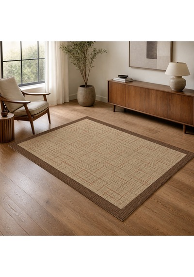 Kartela Halı Jüt Görünümlü Kalın Çerçeveli Halı Bej Kaymaz Taban Makinede Yıkanabilir 80x120 Cm