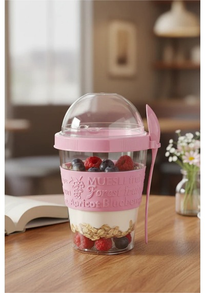 Pembe Take N Go Kaşıklı Hazneli Meyveli Yoğurt Kabı Piknik Iş Atıştırmalık Müsli Granola Süt Bardak