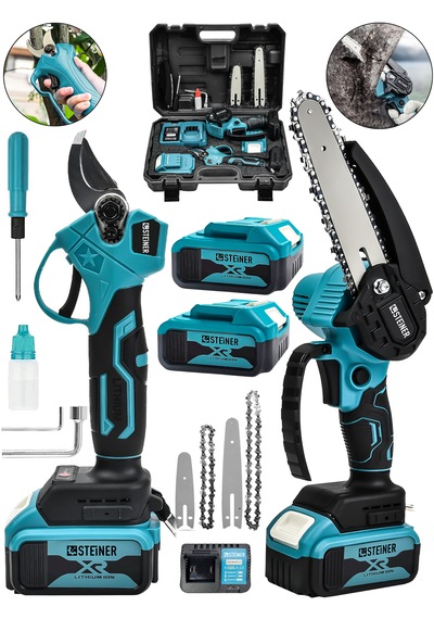 Steiner 18v Çift Akülü Çelik Şanzıman 35mm Dal Budama Makası & 15cm Budama Testeresi 2 Li Set Mavi