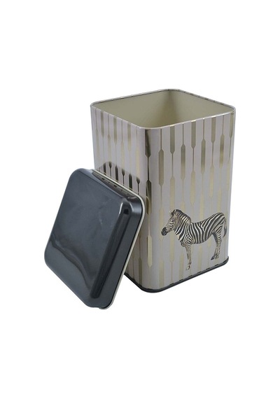 Safari Zebra Desenli Kare Metal Saklama Kabı 10.5 x 10.5 x 16 CM 1.7 L Çok Renkli