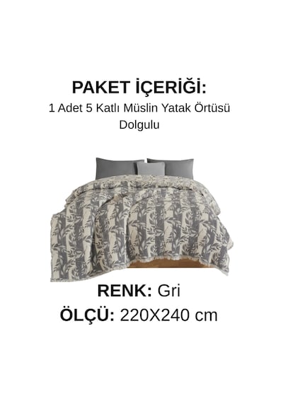 Nuvia 5 Kat Dolgulu Müslin Çift Kişilik Yatak Örtüsü %100 Pamuk Jakar Dokulu 220x240 Cm Gri