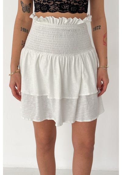 Kadın Katlı Smock Bel Mini Short Etek Summer Layers Beyaz