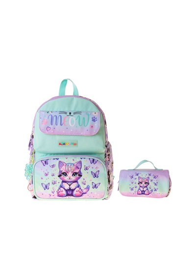 Kaukko Kids Meow Yeşil - Mor Kız Çocuk İlkokul Sırt Çantası Ve Kalem Çantası Seti - Setkk-l5288c Çok Renkli