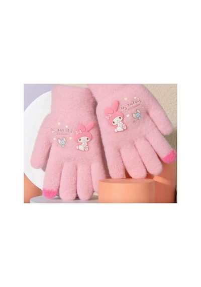 Petityu Pembe Örme Yumuşacık Sıcacık Eldiven Hello Kitty- My Melody - Pembe Parmak Ucu Detay 3-8 Yaş