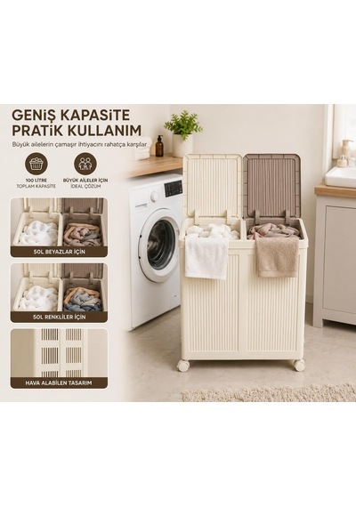 İki Bölmeli Tekerlekli Kirli Çamaşır Sepeti, 100 L Kapasiteli, Hava Alabilen, Katlanır, Krem Diğer