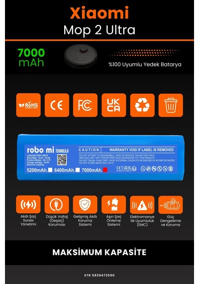 Xiaomi Mi Robot Mop 2 Ultra 7000mAh Robot Süpürge Bataryası