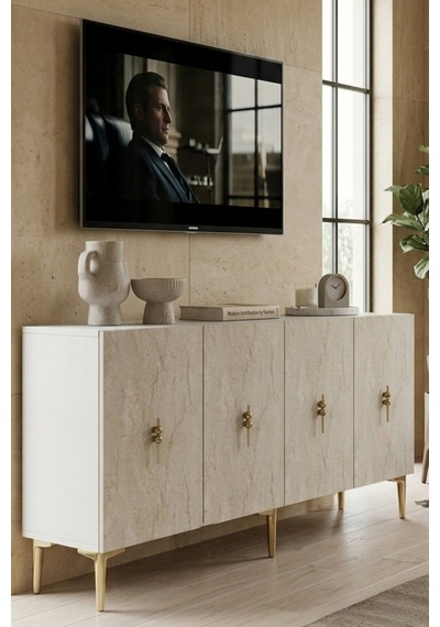 Ka1812btg Salkım Konsol Ve Tv Sehpası Beyaz-traverten-gold 180cm Beyaz - Traverten - Altın