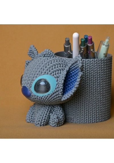 3d Baskı Knitted Kalemlik - Sevimli Karakterli Masaüstü Kalem Organizeri-gri Çok Renkli