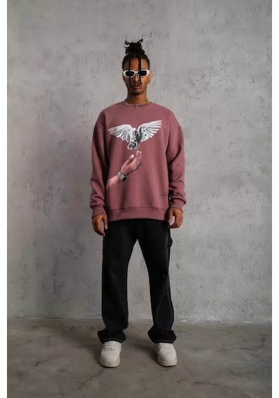 Erkek Güvercin Baskılı Sweatshirt - Gül Kurusu Gülkurusu