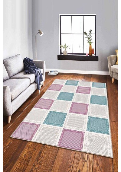 Pembe Turkuaz Geometrik Kaymaz Tabanlı Dekoratif Halı Dm003n11 Pembe - Turkuaz