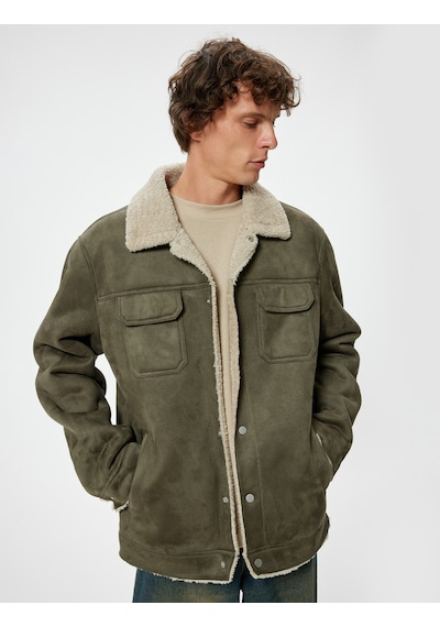 Koton Süet Görünümlü Ceket Slim Fit Peluş Detaylı Gömlek Yaka Haki 5wam20075hw Haki