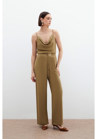 Sateen Kemerli Salaş Pantolon - Haki-136066 Haki