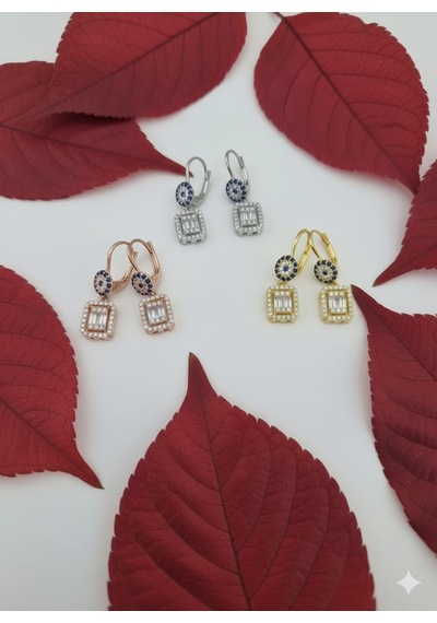 925 Ayar Papatya Silver Baget Taşlı Nazar Küpe.rose.gold.rodaj Gümüş