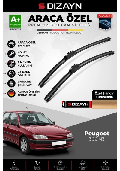S-dizayn Peugeot 306 N3 Ön Cam Silecek Seti 1993-2002 Premium Araca Özel 55-50 Cm A+ Kalite Aocs-169