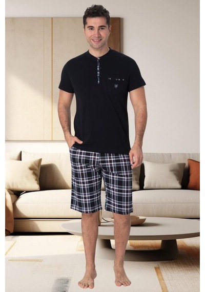 Mecit Pijama Mecit 2901 Lacivert Ekoseli Büyük Beden Erkek 3'lü Pijama Takımı 001