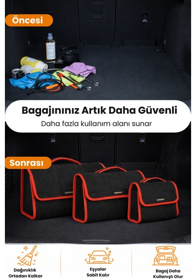 Oto Bagaj Organizer Bagaj Çantası 3'lü Kombo Kaymaz Cırt Bantlı Velur Kompakt - Siyah Kırmızı