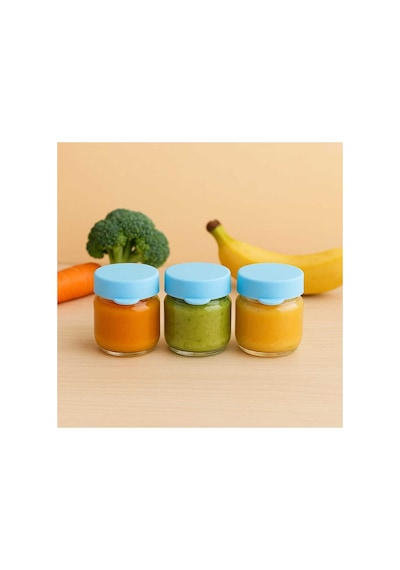 3 Lü Mini Cam Kavanoz 41 Ml Silikon Kapaklı Mama, Baharat, Reçel Ve Sos Saklama Kabı Mavi