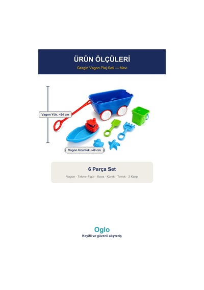 Gezgin Vagon Plaj Seti Çekilebilir Kum Oyuncağı, Tekne+kova+kürek 6 Parça Set 3+ Yaş - Mavi